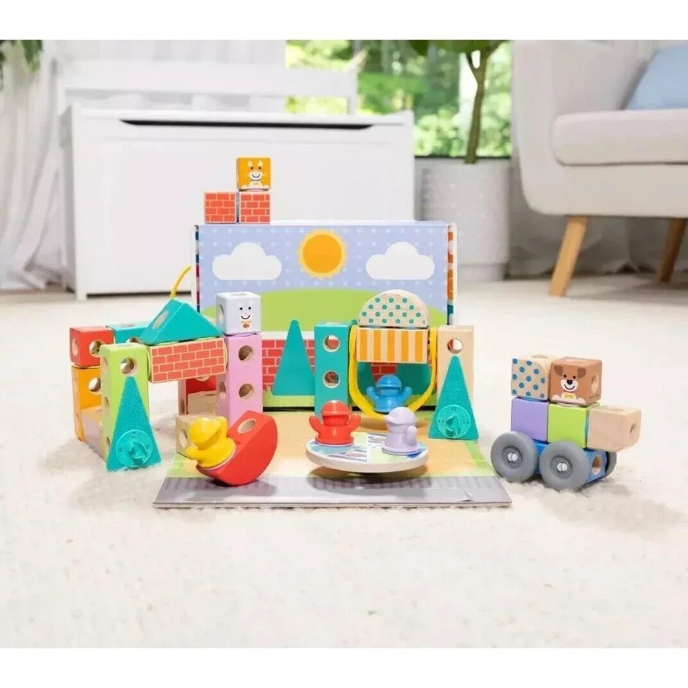 Melissa & Doug Blockables Snap & Play Town Wooden Building Set 73pc 50279 NEW